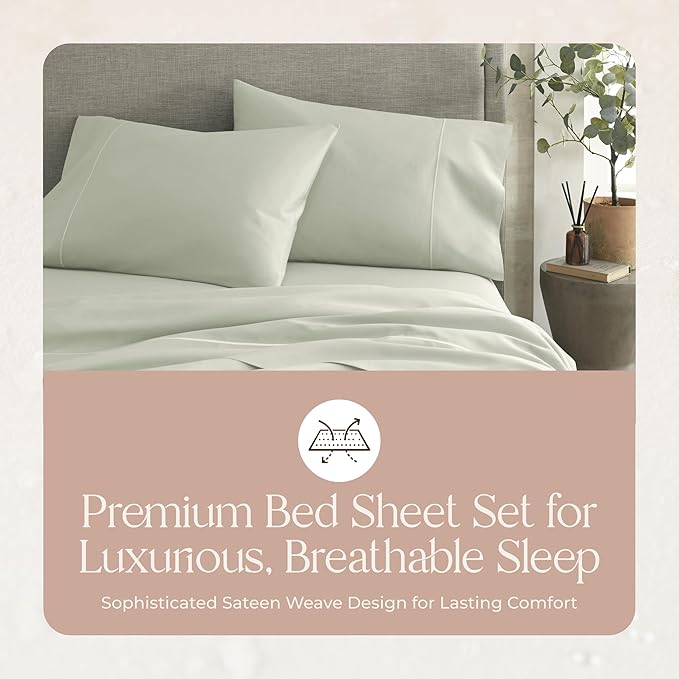 100% Organic Cotton Sheets Queen Size - GOTS Certified Organic Bed Sheets with Deep Pocket 300 Thread Count & Cozy Sateen Weave Gets Softer with Each Wash - Luxury 4 Piece Set (Pastel Green, Queen)
