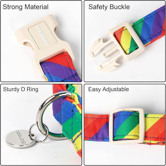 DOGWONG Rainbow Dog Collar, Soft Natural Fabric, Cute LGBTQ Puppy Necklace for Small to Large Dogs