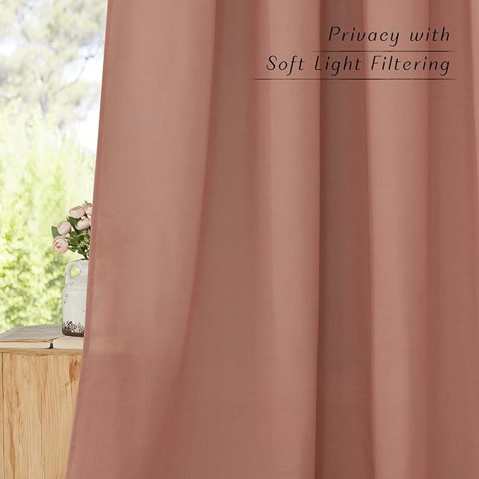 NICETOWN Thick Linen Terracotta Curtains for Bedroom, Rod Pocket & Back Tab Flax Semi Sheer Drapes Privacy Assured with Light Filtering for Girls/Princess Room, W55 x L84, 2 Pieces