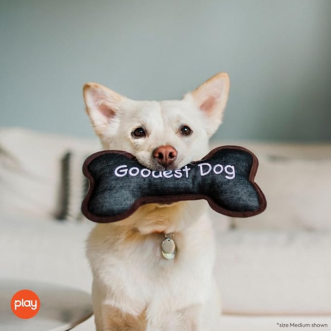 P.L.A.Y. Stuffed Dog Toys, ECO Bones - Extra Durable Squeaker Chew Toy, Great for Teething Puppies & Small, Medium, Large Dog Breeds - Machine Washable, Recycled Materials (Urban Denim, Medium)