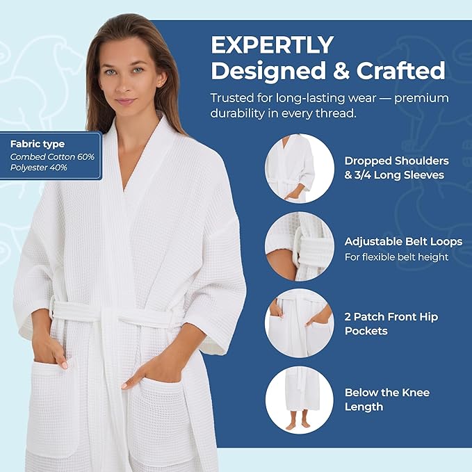MONARCH Unisex Square Waffle Spa Kimono Robe – Soft Lightweight Fabric & Generously Sized Hotel & Spa Robe with Pockets