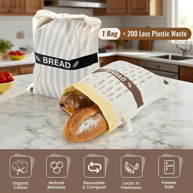 Reusable Beeswax Bread Bags for Sourdough & Homemade Bread, 2 Pack XL Cotton Storage Bag to Keep Loaves Fresh Longer, Freezer Safe & Eco-Friendly