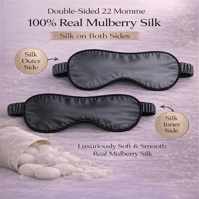 100% Mulberry Silk Sleep Mask for Women/Men Airplane Travel, Pure 22 Momme Silk Eye Mask Blackout for Sleeping, Ajustable, Luxury, Anti Wrinkle, Anti Aging Silk Blindfold, Made in USA (Slate Gray)