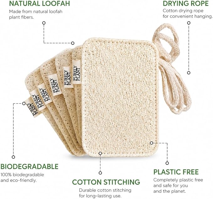 Purely Plant Loofah Dish Sponge 6 Pack–Non Toxic, 100% Plastic Free, Compostable & Biodegradable Premium Kitchen Scrubber, Plant Based, Non-Scratch Scouring Pad for Sink, Tile & Grout Cleaning Luffa