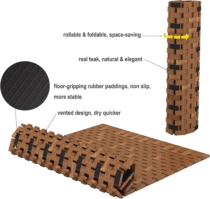 Teak Wood Bath Shower Mat for SPA Sauna with Mutiple Silica Gel Feet 27.5X19.7X0.31-Inch