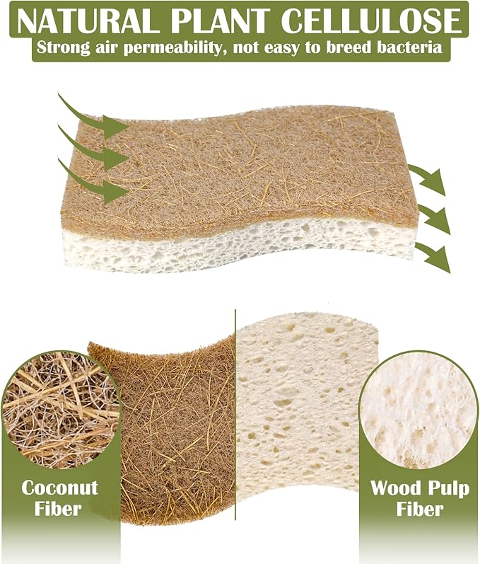 DEBETOOL 14Pack Natural Kitchen Sponge, Eco-Friendly Dish Sponge for Kitchen - Biodegradable Cellulose and Coconut Scrubber - Household Cleaning Sponge for Dishes, White