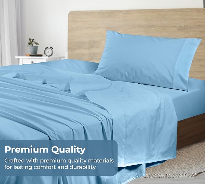 Royale Linens 100% Organic Cotton Twin XL Sheet Set - Percale Weave - 3 Pieces Set - 1 Flat, 1 Deep Pocket Fitted Sheet and 1 Pillowcases -Lake Blue Bed Sheets -Sábanas Twin XL -Crisp Cool (Lake Blue)