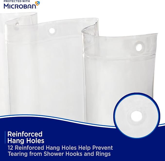 Kenney MB61122PK2 Microban Protected Lightweight 2.8 Gauge Waterproof PEVA Shower Curtain Liner with Durable Eyelet Hang Holes and Weighted Magnetic Hem for Bathroom, 70" W x 72" H, Clear, 2-Pack