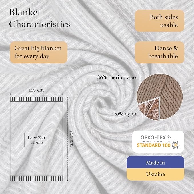 LYHome Merino Wool Blanket - Warm Throw for Cold Weather, Warmest Travel Outdoor Camping Blankets, Picnic Army and Military Throws, Comforter Soft & Cozy (55" x 79" Grey with White Rhombus)