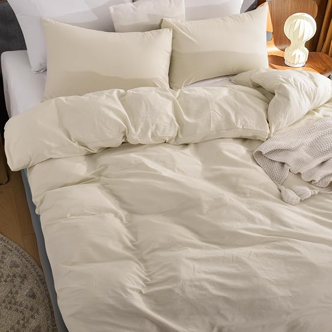 NEXHOME PRO Duvet Cover Set 100% Washed Cotton Oversized King 120"x98" Linen Feel Textured Organic 3 Pieces Bedding Set with Zipper Closure and Corner Ties, Breathable(Cream Grey, No Comforter)