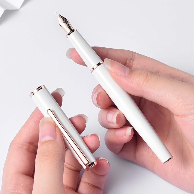 Hongdian 920 White Fountain Pen, Rose Gold Plated Medium Nib Smooth Writing Pen, Classic Pen with Ink Converter