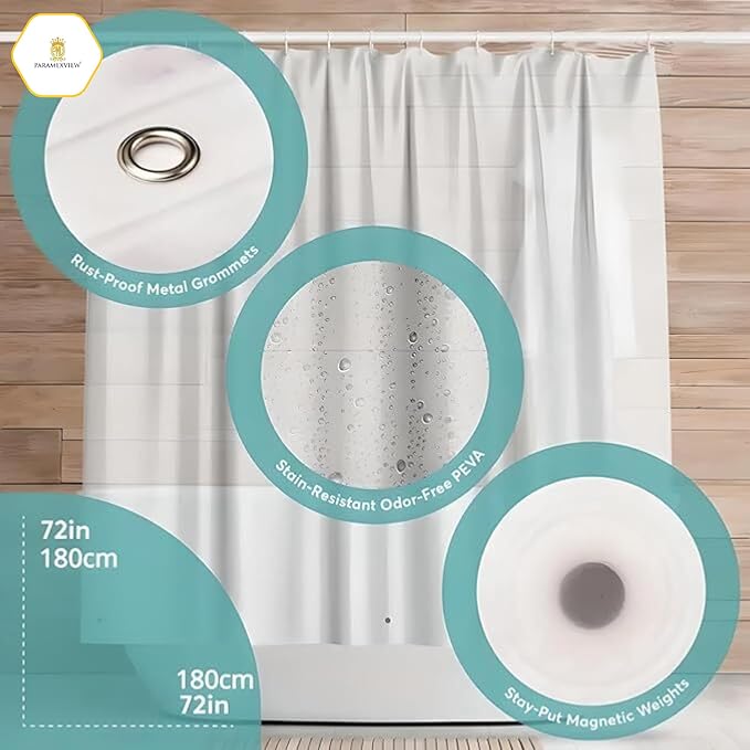 Paramexview® Shower Curtain Liner Clear 72x72 Heavy Duty and Premium PEVA Non-Toxic 8G Thickness Pre-Hooked 12 Metal Groomets PEVA Shower Curtain Liner with 3 Rustroof Magnet Weights