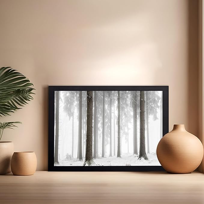 Monem Art Foggy Winter Forest Photography Print - Minimalist Snowy Landscape Poster - Wall Decor for Living Room, Bedroom or Office - 16x20 Black Framed Wall Art by Mareike Bohmer