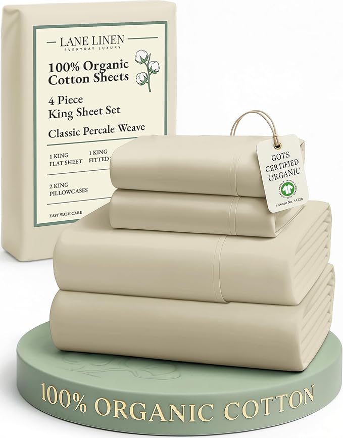 LANE LINEN 100% Organic Cotton Bed Sheets King Size, Fully Elasticized Reinforsed Seams in Fitted Pocket, Machine Washable Naturally Cooling All Season King Sheet Deep Pocket Bedding- Linen