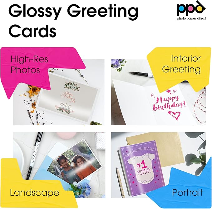 PPD Greeting Card Paper, Printable Greeting Cards for Inkjet Printer, 8.5 x 11 Blank Half Fold to 5.5 x 8.5 Custom Cards for Birthday, Wedding, Invitations, Thank You Note, Instant Dry (50 Sheets)