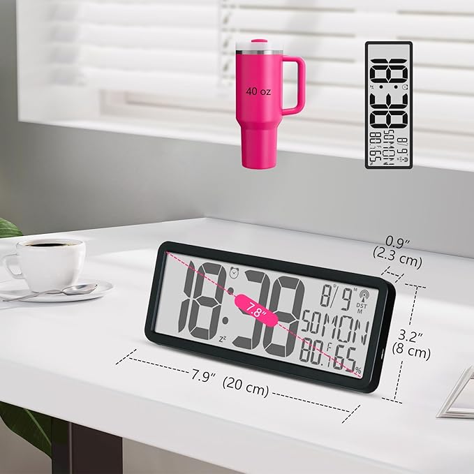 Digital LCD Atomic Desktop Clock, 7.8" Screen with Time, Date, Temperature, Humidity, Alarm, Snooze, DST, Time Zone for Home, Office (No Backlight)