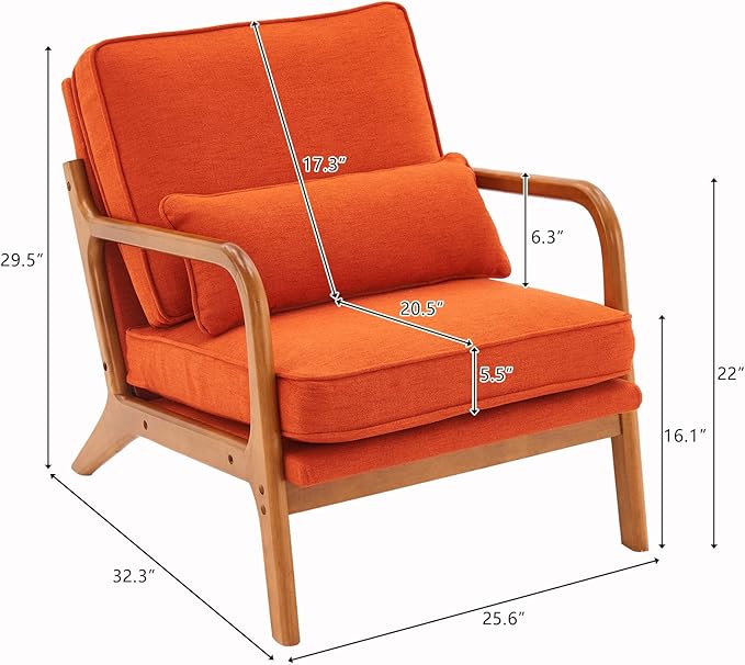 Karl home Mid-Century Modern Accent Reading Chair, Burnt Orange | Linen Upholstered, Solid Wood Frame, Soft Cushion, Lumbar Pillow, Lounge Armchair for Living Room, Bedroom, Balcony, Study