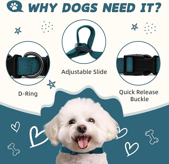 Blue Dog Collar for Medium Size Dog, Breathable, Anti-Odor & Soft, Comfortable for Sensitive Skin Puppies, 90% Bamboo Rayon, Adjustable Quick-Release Buckle Pet Collar for Medium Breeds