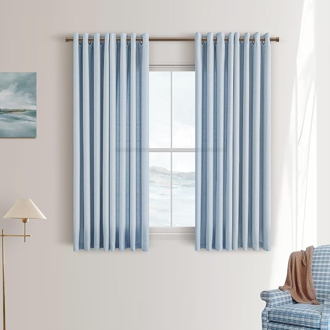 Light Blue Linen Curtains 45 Inches Long 2 Panels Set for Living Room Grommet Privacy Light Filtering Non-See-Through Drapes Bedroom Semi Sheer Farmhouse Boho Window Curtain 45 Inch Length