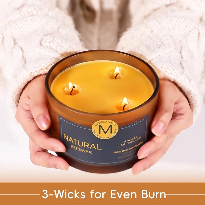 3 Wick Beeswax Candle in Jar, Natural Beeswax Candles Non Toxic for Air Purification, Honey Aroma Bees Wax Jar Candle for Home Decor, Fragrance Free, Paraffin Free