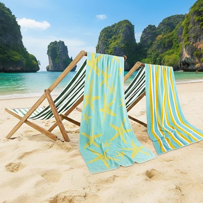 CASA COPENHAGEN Miami Bath Sheets 2Pcs 100% Egyptian Cotton Large Designer Towels Gift Set- Star Fish Teal + Yellow Stripe, 70" x 35", 2 Pool Bath Sheet Set (Box Pack, Set for Women & Men)