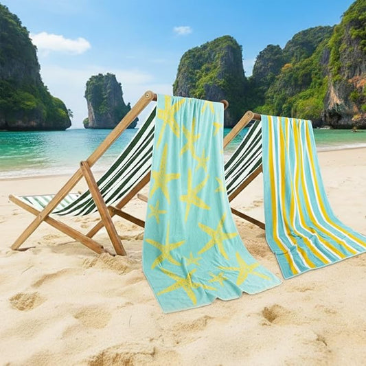 CASA COPENHAGEN Miami Bath Sheets 2Pcs 100% Egyptian Cotton Large Designer Towels Gift Set- Star Fish Teal + Yellow Stripe, 70" x 35", 2 Pool Bath Sheet Set (Box Pack, Set for Women & Men)