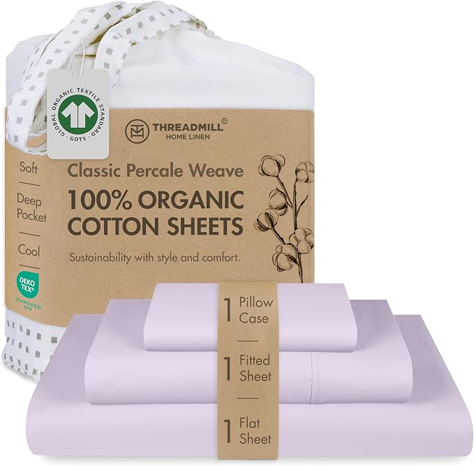 Threadmill Certified by GOTS Organic Cotton Sheets - Twin XL, 3 Piece, Lilac - Ultra Soft, Cooling and Breathable Bed Sheet Set - Lightweight and All-Round Elastic Deep Pocket