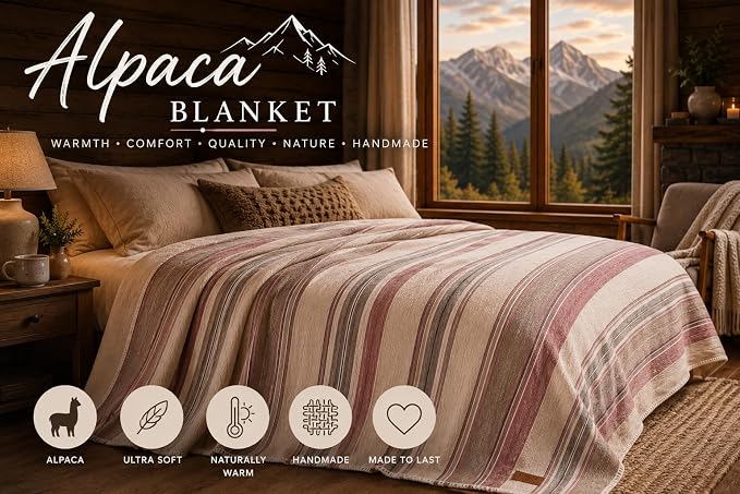 Alpaca Wool Throw Blanket, Rosé Stripes, Queen 95" x 65" | Ultra-Soft, Warm & Breathable, Hypoallergenic, Non-Itchy Alpaca Fabric, Lightweight for Couch, Bed & Travel