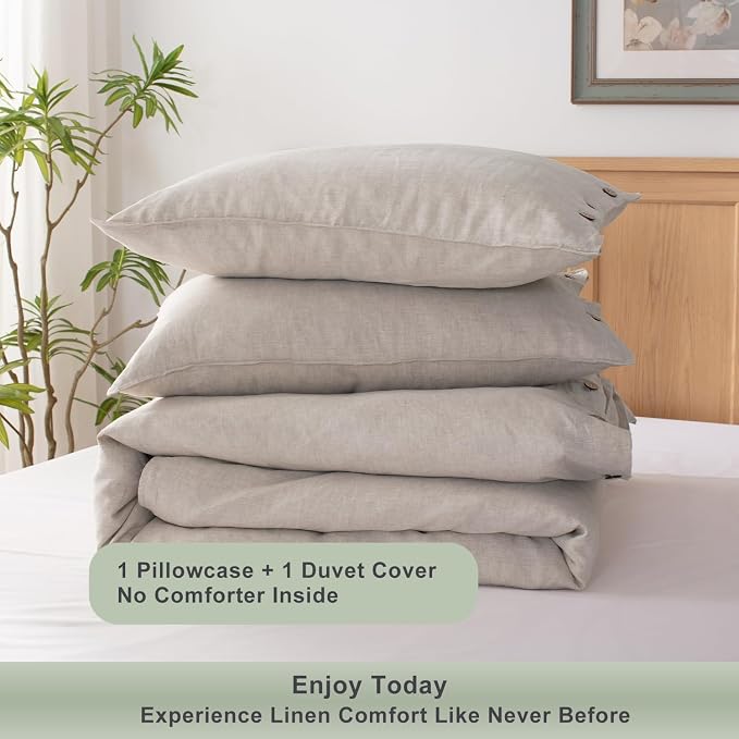 TOSMO 100% Linen Duvet Cover Set with Button Closure, 2 Pieces (1 Duvet Cover with 1 Pillowcase), Soft Breathable Durable Farmhouse Bedding - Twin, Natural Linen