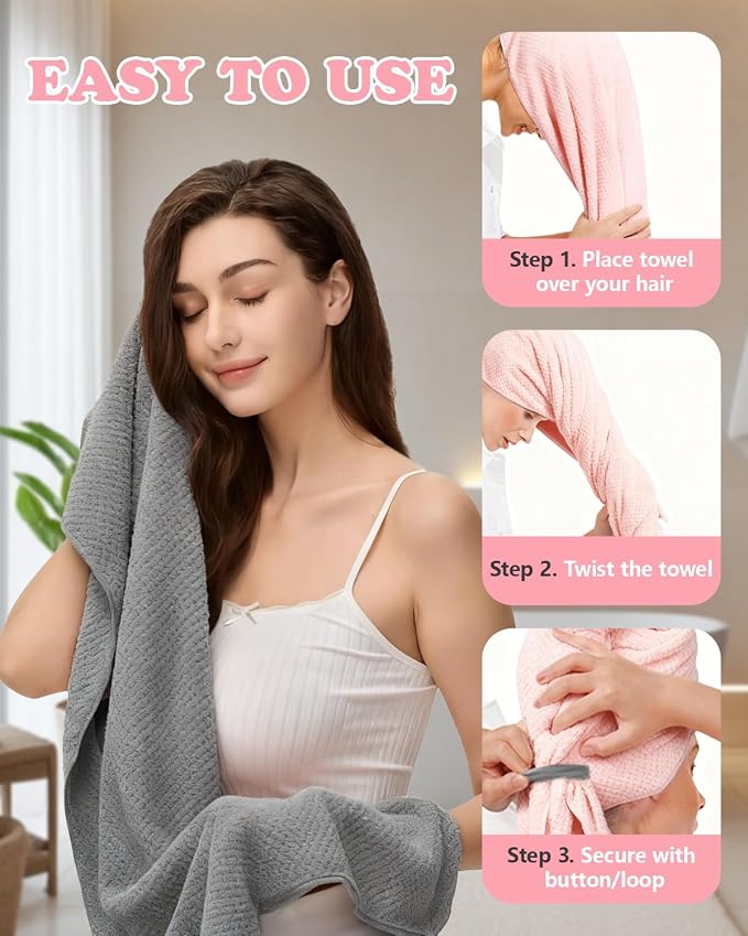 2-Pack Microfiber Hair Towel - 39" x 24" Super Soft, Absorbent Hair Towel Wrap for Women with Long, Thick & Curly Hair - Anti-Frizz Hair Care Turbans with Elastic Strap