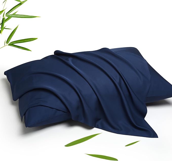 100% Rayon Derived from Bamboo Pillowcases Standard Size 2 Piece, Soft Smooth Breathable Pillow Cases, Navy 20x26 Inches