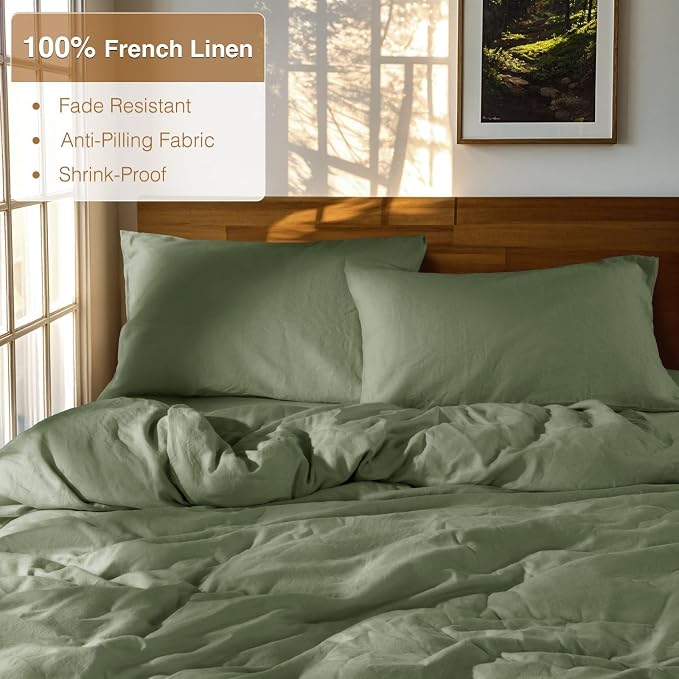 SONORO KATE 100% French Linen Duvet Cover Queen Size, Soft Breathable for Hot Sleepers, Moisture Wicking & Durable Cover Set - Zipper Closure & 4 Corner Ties Duvet Covers 3 Piece (Olive Green,Queen)