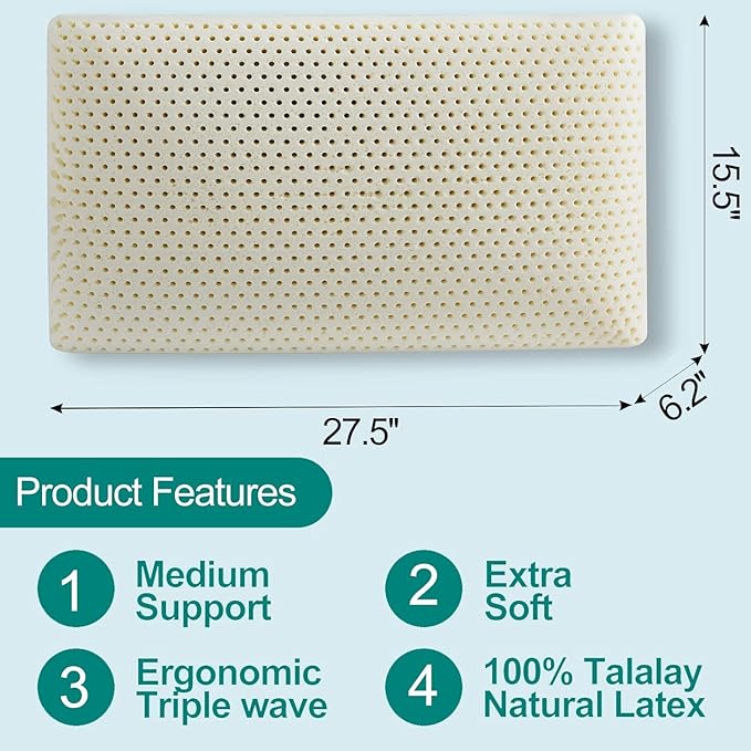 Kiss Dream 100% Talalay Latex Pillow, Natural Sleeping Bed Pillow - Luxury Soft Queen Size Pillow for Side, Back, and Stomach Sleepers - Removable Breathable Cotton Cover (1, Queen (Low Loft))