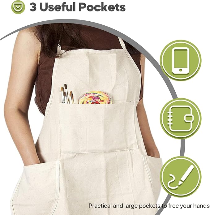 conda 100% Cotton Canvas Professional Bib Apron With 3 Pockets for Women Men Adults,Waterproof,Natural 31inch By 27inch