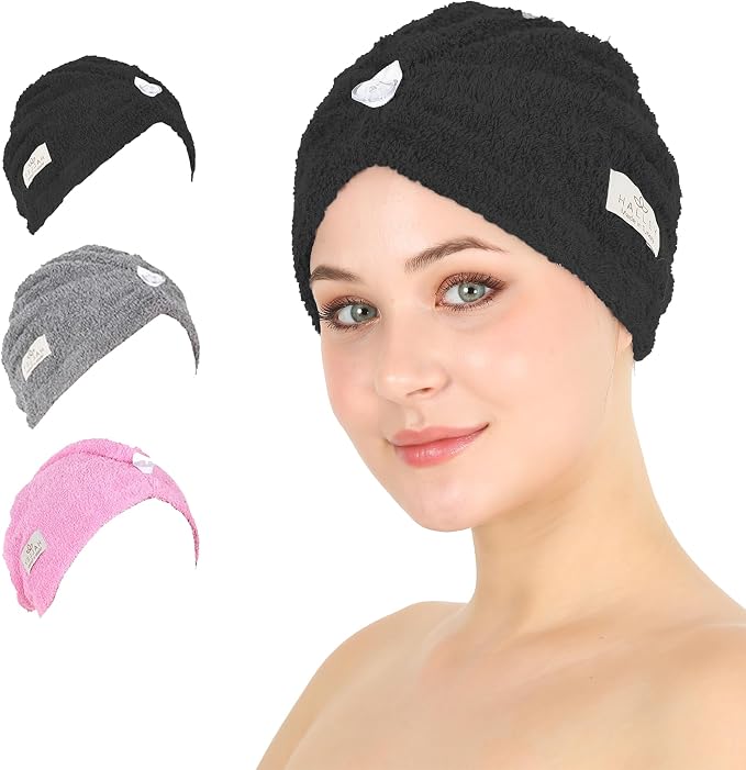 HALLEY Cotton Hair Towel Wrap (3 Packs) Super Absorbent Fast Drying Turbans for Thick, Wet Hair with Button (Black, Grey, Pink)
