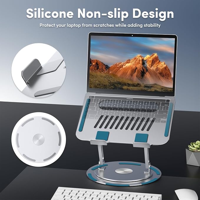 Lifelong 360° Rotating Adjustable Laptop Stand, Foldable Riser, Silver | Ergonomic Computer Stand for Desk, Portable Laptop Holder Fits All MacBook, Laptops 10-16 Inches