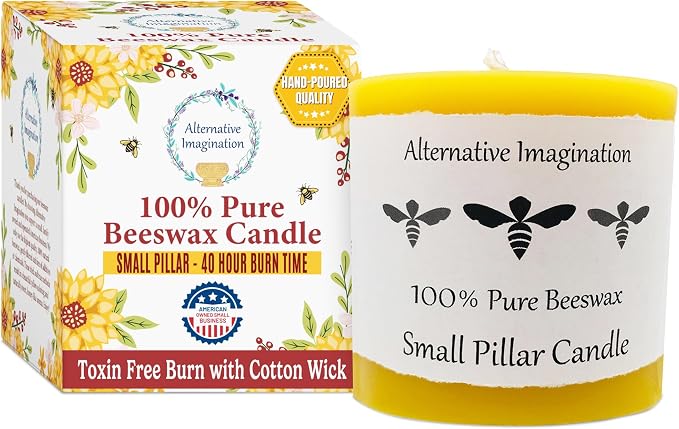 100% Pure Beeswax Candle – Long Lasting Burn – Non-Toxic & Hypoallergenic – Natural Honey Aroma – Handcrafted – Sustainably Sourced – Alternative Imagination – 3x3 Inch – Natural Yellow