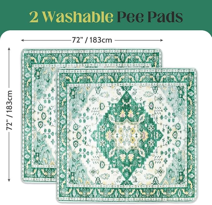 Washable Pee Pads for Dogs, 2 Pack Reusable Puppy Training Pads 72"x72" Super Absorbent Waterproof Dog Training Pads, Non-Slip Potty Pads, Whelping Pads Litter Mat Green Medallion