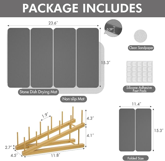 2-in-1 Diatomaceous Earth Dish Drying Mat and Bamboo Dish Rack Combo, 24x16 Inch Super Absorbent Fast Dry Stone Dish Drying Mat, Collapsible Space Saver for Kitchen Counter Bathroom Apartment
