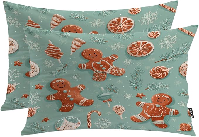 Shrahala Gingerbread Christmas Candy Pillowcases, Retro Christmas Candy Pattern Lumbar Pillow Cover Decorative Blended Double-Sided No Inserts for Bedroom Sofa Living Room Set of 2 (26 x 20 in)