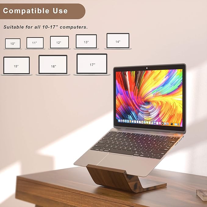 Wooden Laptop Stand, Ergonomic Computer Stand for Desk, Portable Laptop Riser, Notebook Stand Holder Compatible with MacBook Pro/Air, Dell, HP, Lenovo and All Laptops (10-17 inch), Walnut