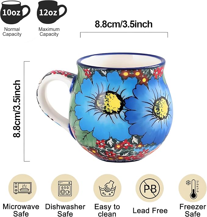 ALMA 12oz Handpainted Ceramic Coffee Mugs | Microwave & Dishwasher Safe, Ideal for Morning Coffee Tea, Home Kitchen Dining Room Display, For Home Makers & Women