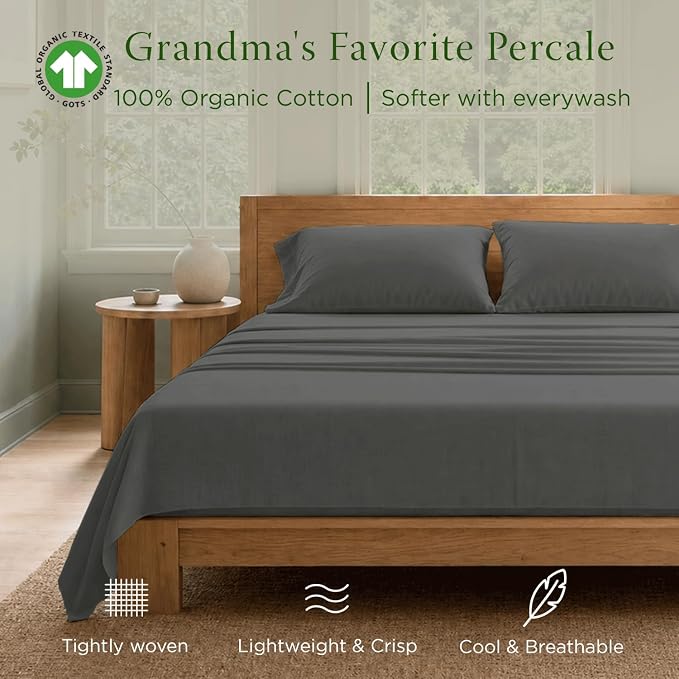 Threadmill Luxury Organic Cotton Sheets - Certified by GOTS - King, 4 Piece, Dark Grey - Breathable Premium Sheet Set - Smooth and Cool Bedding with Perfect Elastic Deep Pocket Fit