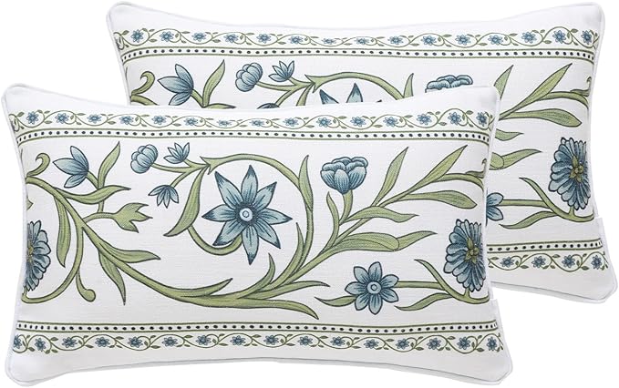 ISAENNE Design Fresh Linen Lumbar Throw Pillow Covers 12"x20" Pack of 2, French White Cottage Cushion Covers with Green Branches Pattern Decoration Pillowcases for Bed,Living Room,Outdoor,Car