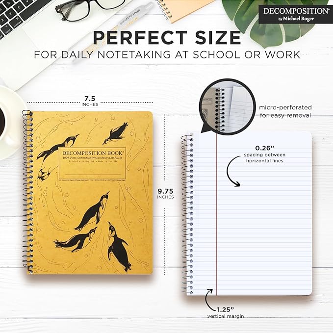 Decomposition King Penguins College Ruled Spiral Notebook - 9.75 x 7.5 Journal with 160 Lined Pages - 100% Recycled Paper - Cute Notebooks for School Supplies, Home & Office - Made in USA