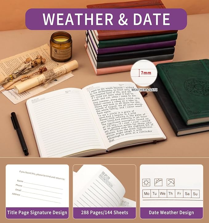 Lined Journal Notebook, A5 Leather Vintage Journals for Writing, 288 Pages College Ruled Notepad for Women Men, Vegan Leather Daily Notebook for Work, School, Travel, Note Taking(Celtic Star, Purple)