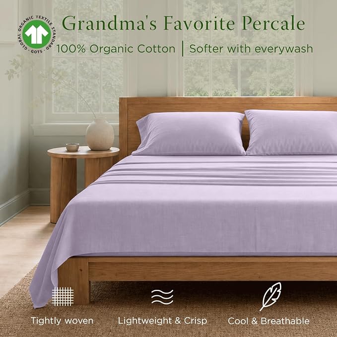 Threadmill 100% Organic Cotton Sheets - Queen, 4 Piece, Lilac - Certified by GOTS - Soft and Cooling Bedsheet Set with Reusable Bag, Snug Fit with 16" Deep Pocket - Ultra Light