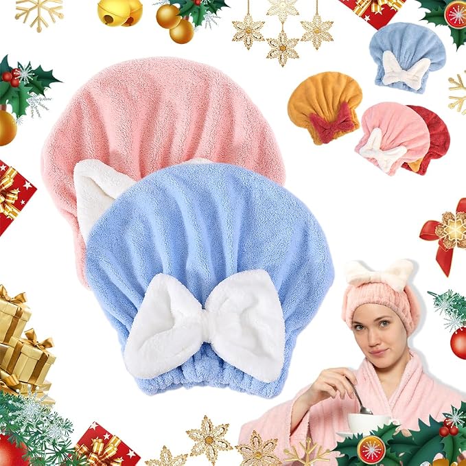 2 Pack Super Absorbent Hair Towel Wrap for Wet Hair, Microfiber Hair Towel Wrap Women Quick-Drying Thickened Hair Towels, Soft Bow Tie Wet Hairs Towel Wrap for Women Accessories (Pink+Blue)