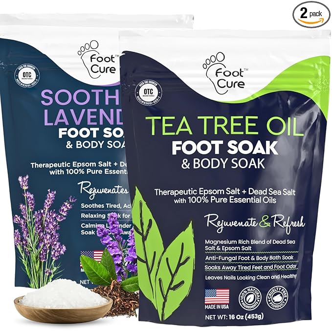 FOOT CURE Tea Tree Oil & Soothing Lavender Foot Soak with Epsom Salt - Best Toenail Treatment & Softens Calluses - Soothes Sore & Tired Feet, Foot Odor Scent, Spa Pedicure - 16 oz (Pack of 2)