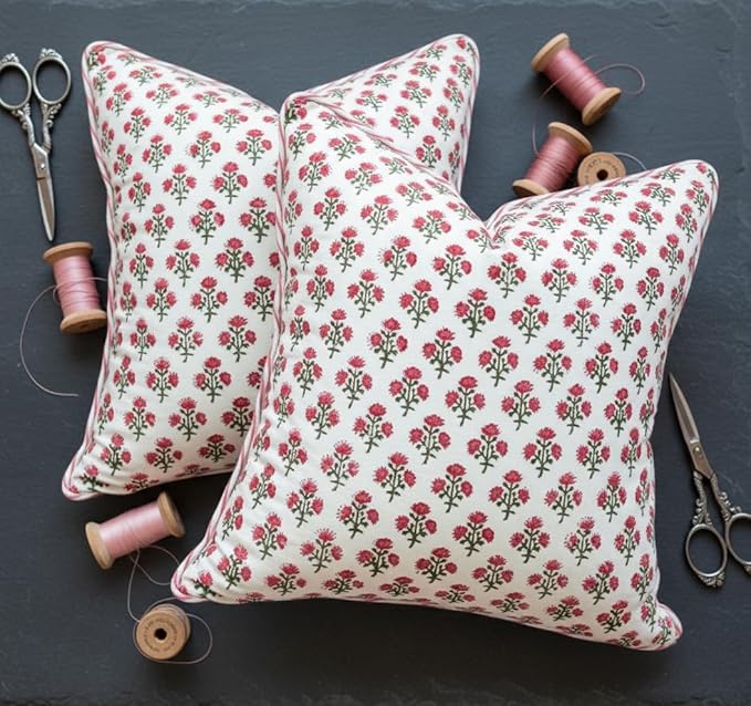 ATOSII Block Print Boho Throw Pillow Covers, 24 X 24, Set of 2, Decorative Couch Pillows for Living Room, 100% Cotton Canvas Acccent Pillows, Christmas Thanksgiving Fall Preppy Throws - Gulbahar Pink